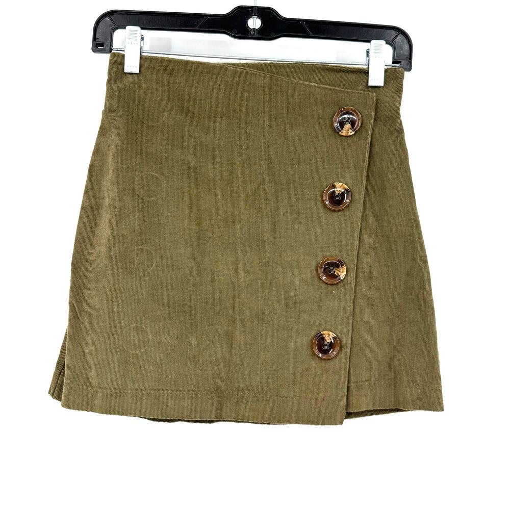 Altar'd State Size Small Corduroy Mini Skirt Faux Wrap Rear Zip Green w Buttons